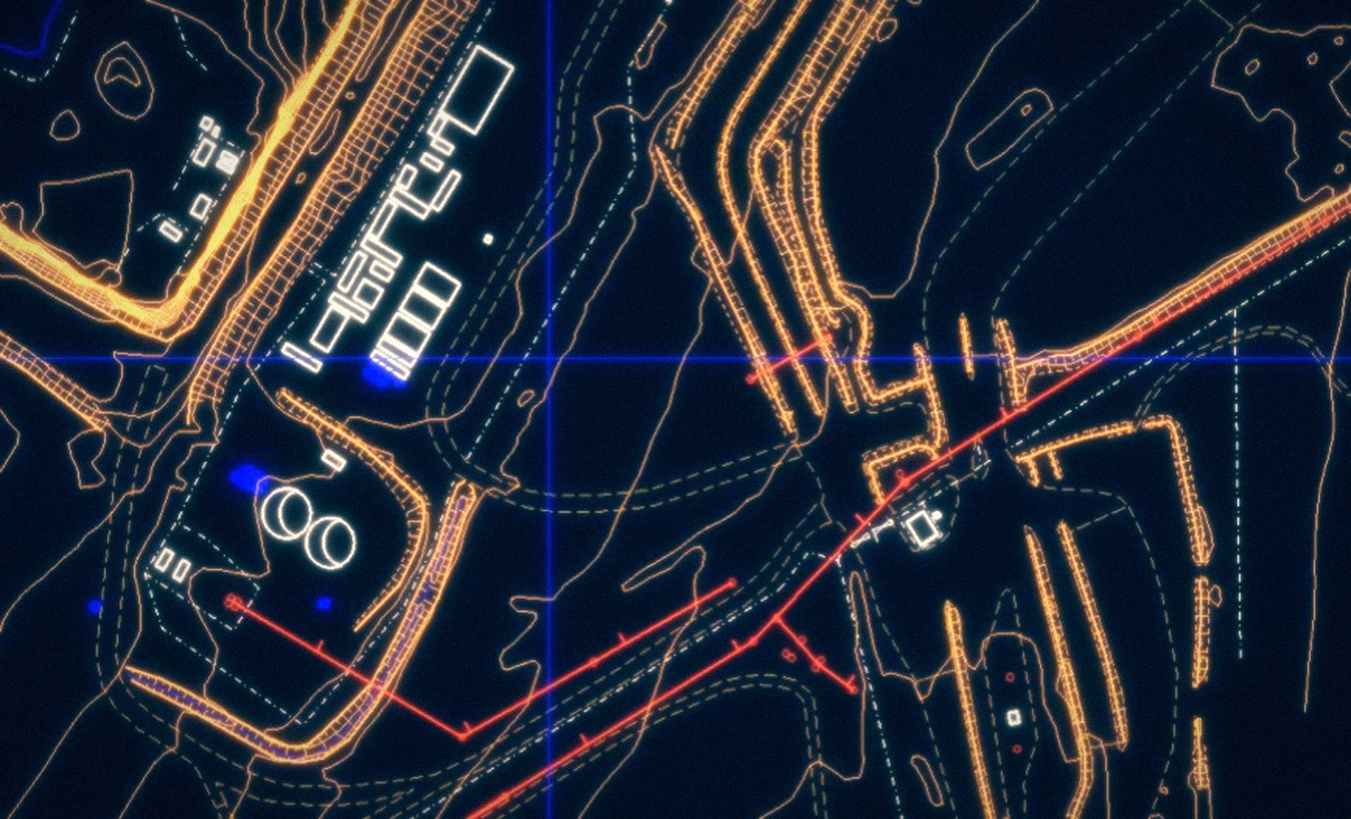A survey drawing of roads, buildings and services, lit like a blueprint